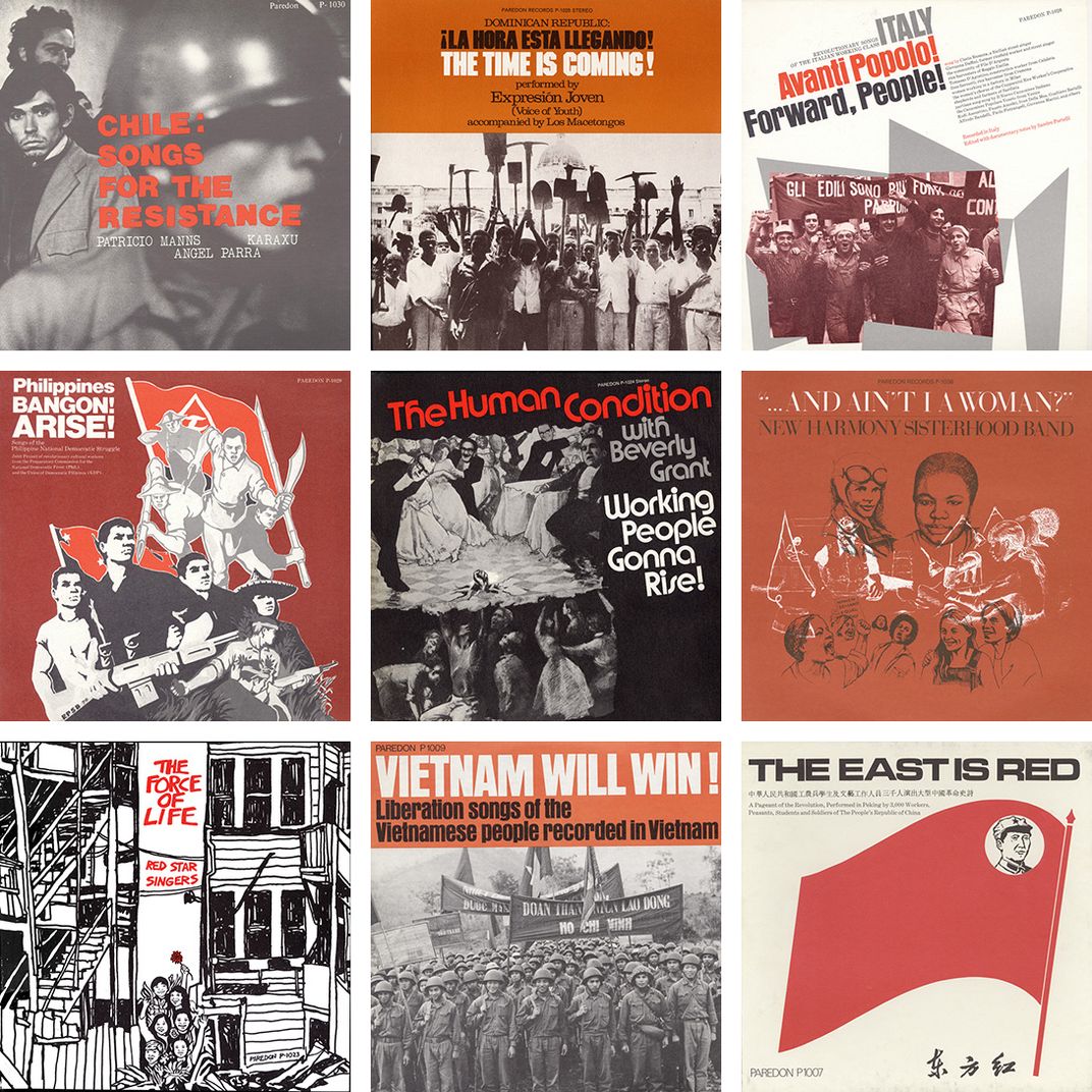 Grid of nine album cover artworks, all in red, black, white. Some titles: Chile: Songs for the Resistance, Vietnam Will Win! The East Is Red.