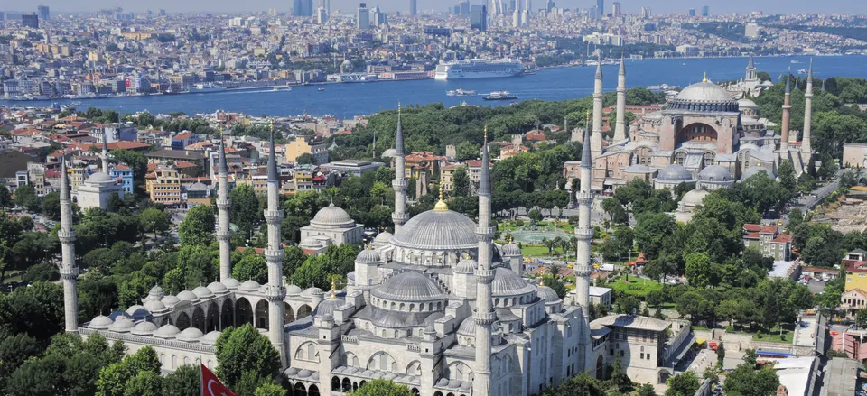  Aerial view of Istanbul with the Blue Mosque and Hagia Sophia 