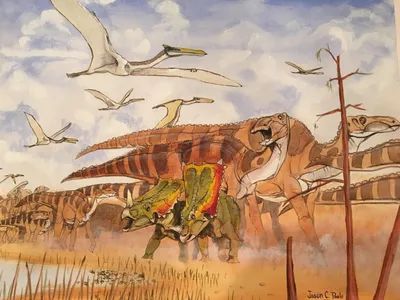A illustration of a herd of hadrosaurs like the arthritic one discovered in New Jersey.