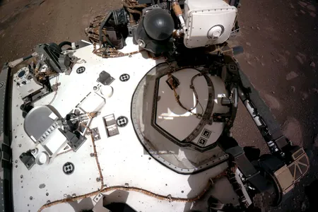 The Navigation Cameras on Perseverance capture an image of the rover's deck.