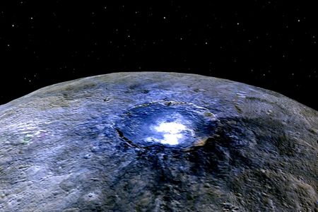 Occator Crater on Ceres, in false color, with the spots shining brightly. Blue is generally associated with bright material, found in more than 130 locations, and seems to be consistent with salts such as sulfates. The crater is 60 miles across.
