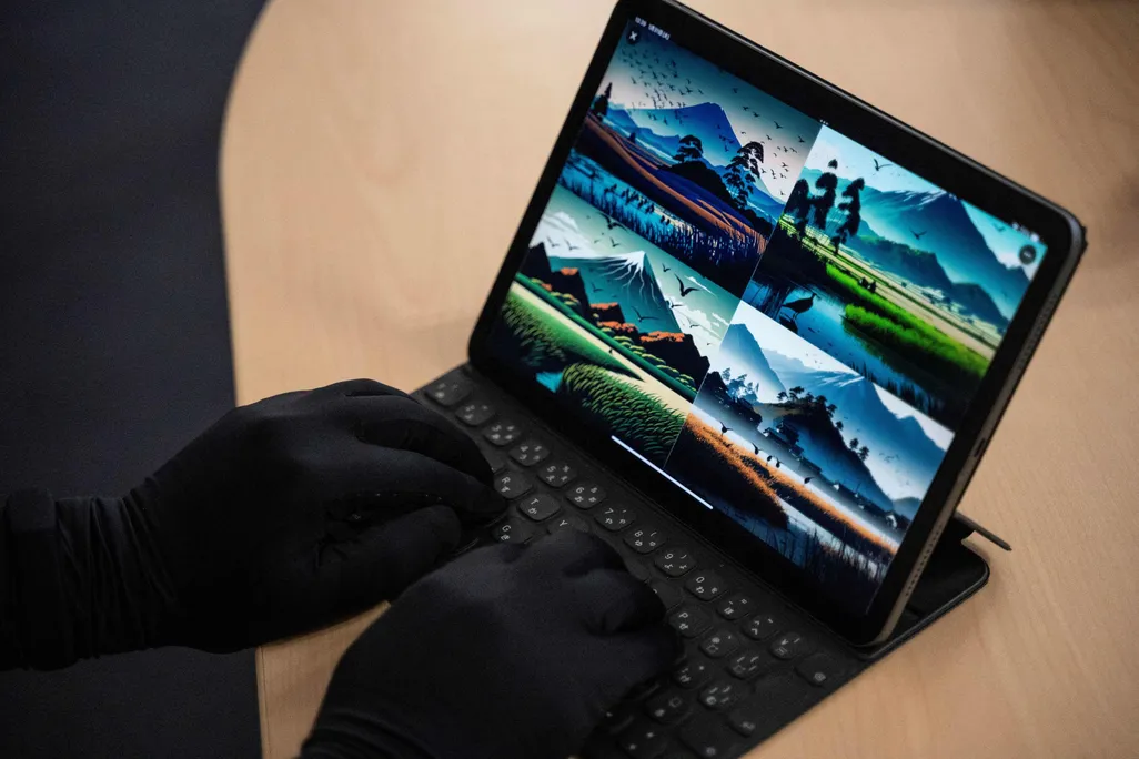 Computer screen showing artwork, with black gloved hands typing
