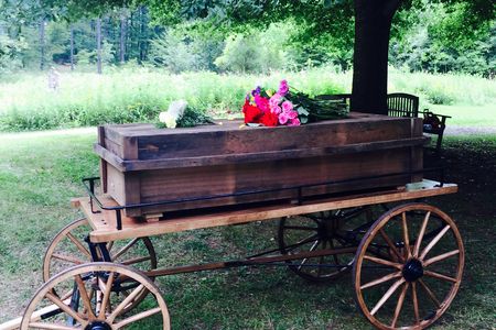 This casket was made from reclaimed wood. At "green cemeteries" around the country, there is a movement to use fewer harmful chemicals and non-renewable resources in funerals and burials.
