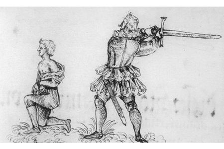 The executioner Franz Schmidt executing Hans Fröschel on May 18, 1591. This drawing in the margins of a court record is the only surviving fully reliable portrait of Franz Schmidt.