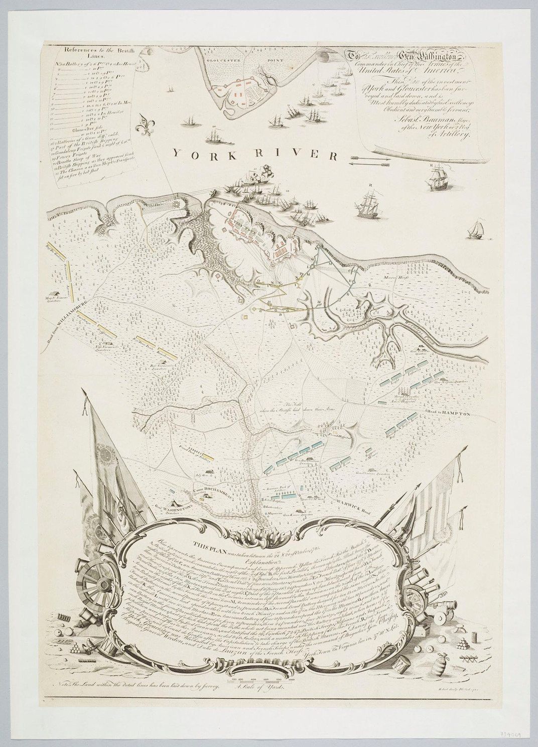 A map of Yorktown being laid siege to by American and French forces from 1781