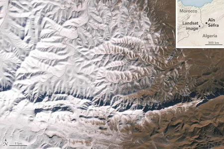 This image from the Landsat 7 satellite depicts snow near the border of Morocco and Algeria, south of the city of Bouarfa and southwest of Ain Sefra.