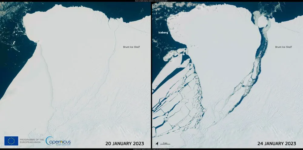 a large chunk breaks off of the Brunt Ice Shelf in Antarctica