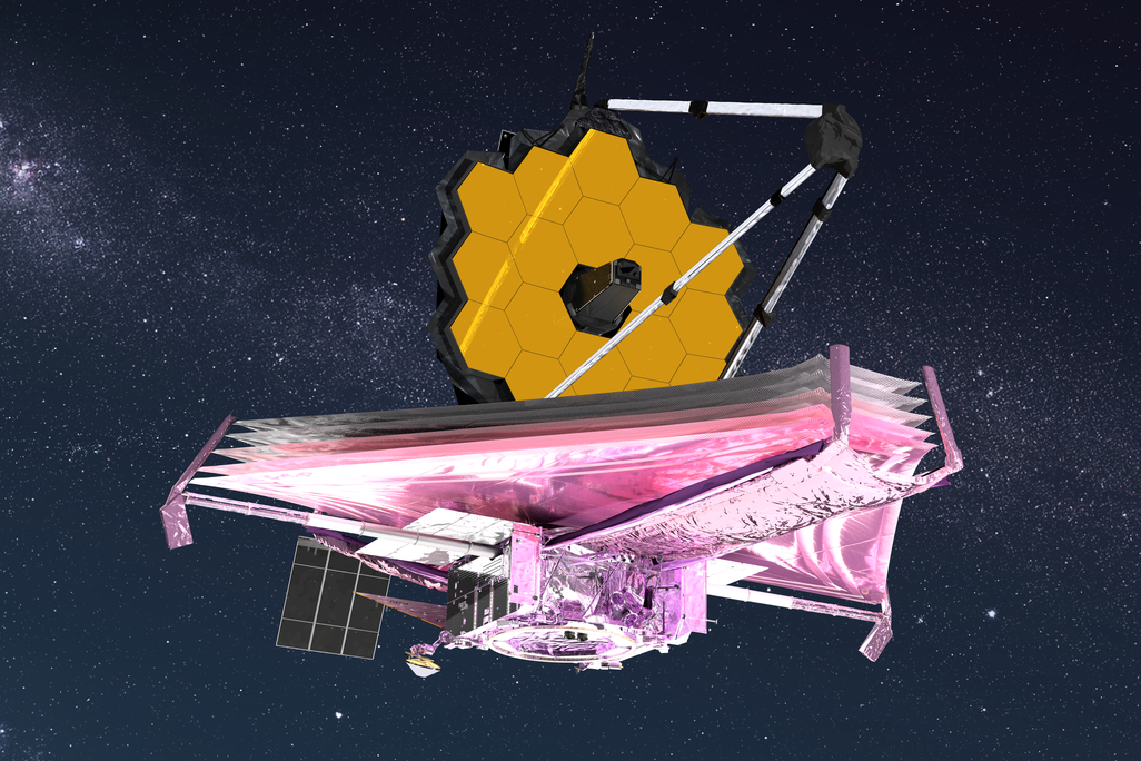 Artist conception of the James Webb Space Telescope against black backdrop