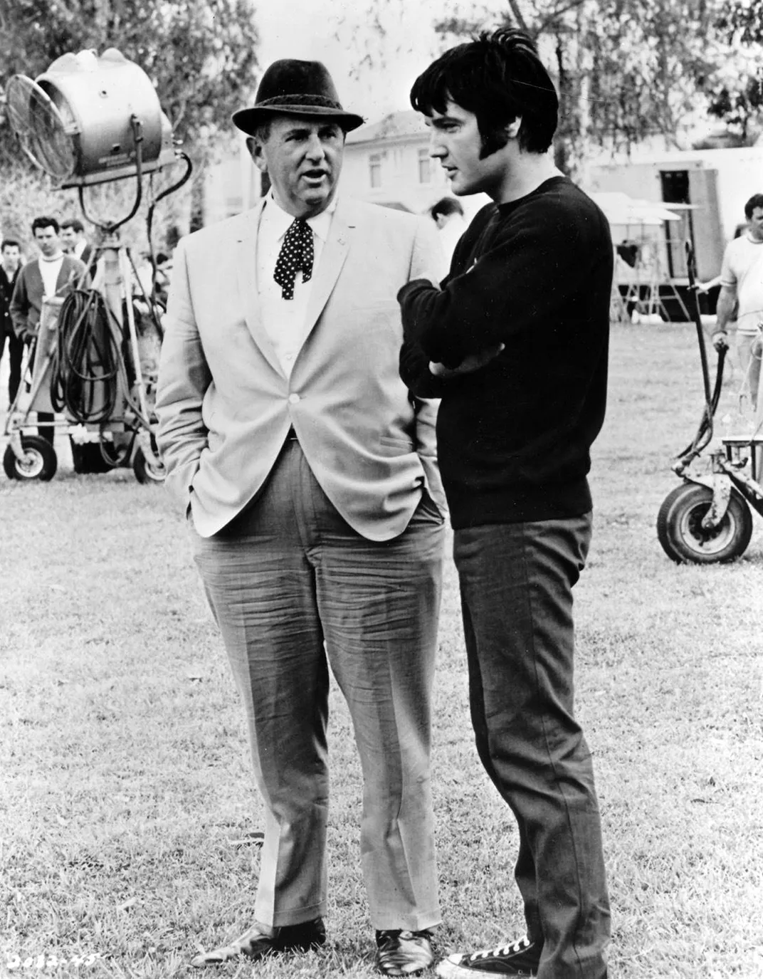 Colonel Tom Parker and Elvis on a movie set in 1969