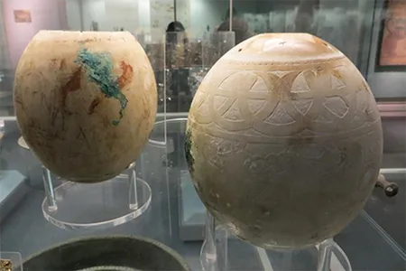 Decorated eggs from the Isis Tomb, Vulci, Italy, on display in the British Museum
