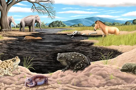 Illustration of the La Brea Tar Pit's ancient habitat, with the newly discovered toad species (center and right) and the Mexican burrowing toad (bottom)