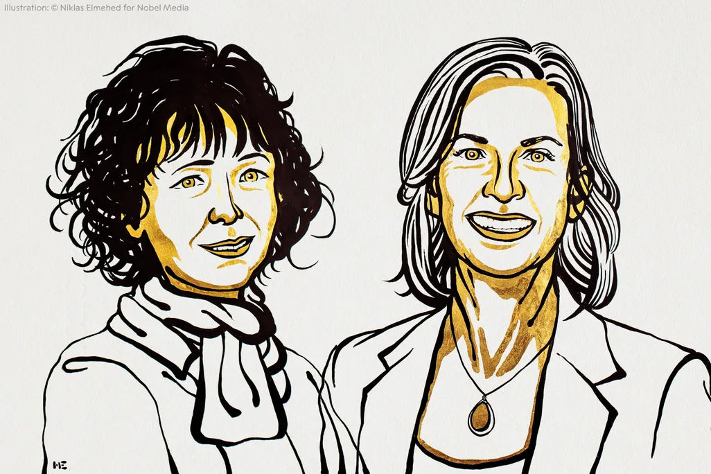 A black and yellow line drawing of the two Nobel laureates in chemistry. Emmanuelle Charpentier is on the left and Jennifer Doudna is on the right. 