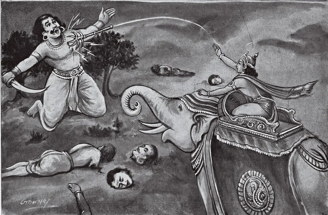 An illustration of Indra killing Vritra