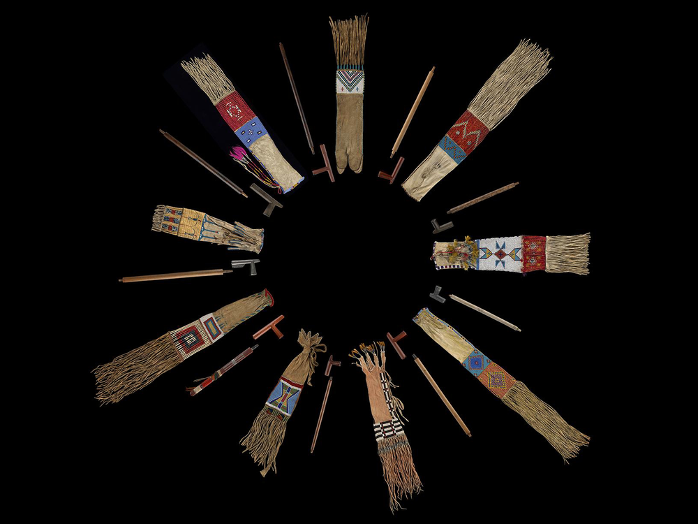 Plains nations' pipes and pipe bags from the collections of the National Museum of the American Indian  and the Division of Anthropology, American Museum of Natural History. On view in the exhibition “Nation to Nation: Treaties Between the United States and American Indian Nations” at the National Museum of the American Indian in Washington, D.C. (Ernest Amoroso, Smithsonian)