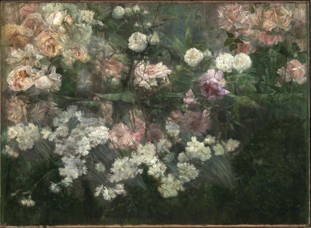 A painting of a garden with flowers. 