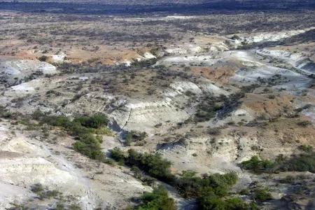 An overview of the Olorgesailie basin landscape, where the archeological site exists that contains stone weapons and tools