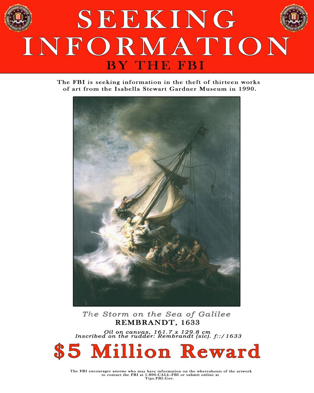 A poster with a red banner on top reads SEEKING INFORMATION BY THE FBI, with a reproduction of a painting of a ship in stormy waters