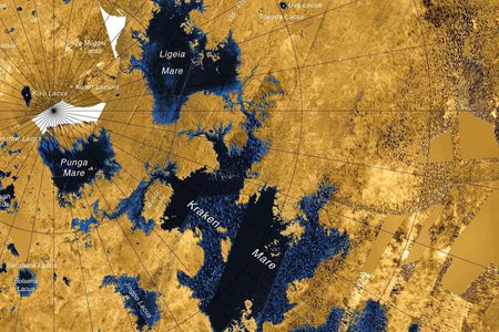 Titan's largest lake, Kraken Mare, is larger than the five Great Lakes combined.