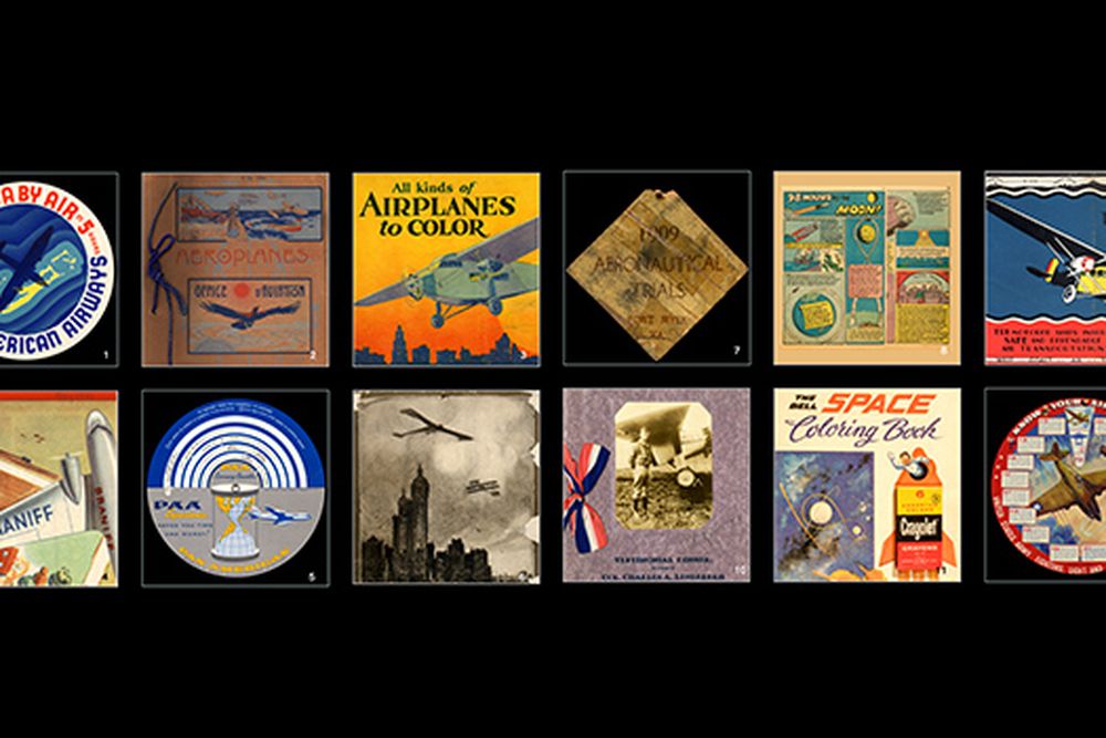 mobile: grid of ephema, including a Pan Am baggage label from 1937, a French airplane brochure from 1910, and an entrance badge from the WRight Military flyer trials