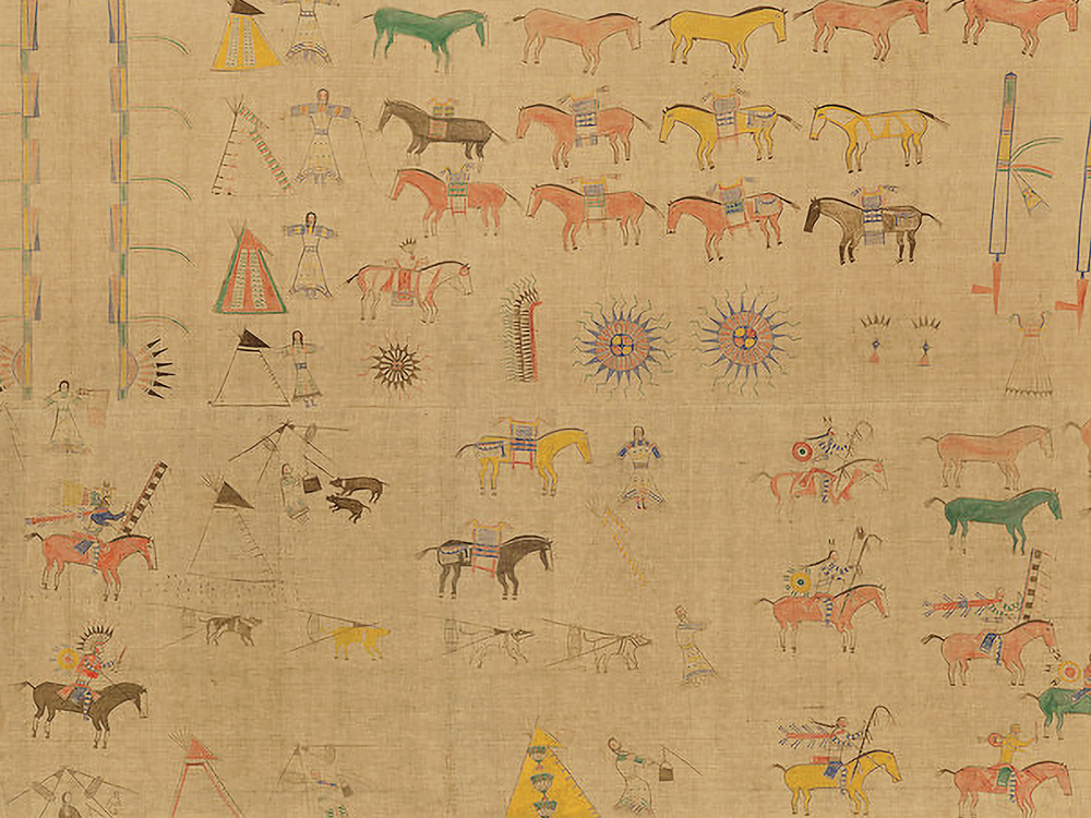 Cegape or Strike the Kettle (Lakota, ca. 1841–?). Untitled painting, collected in 1893. North or South Dakota. 20/5176. Most large paintings of this kind focus on a single event, often a battle. This painting, made by a follower of Sitting Bull, shows warriors—figures on horseback carrying lances and shields—within the Lakota way of life. (National Museum of the American Indian, Smithsonian)