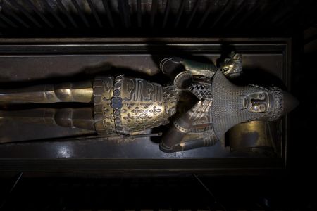 An overhead view of the armor-clad effigy on the Black Prince's tomb at Canterbury Cathedral in England.