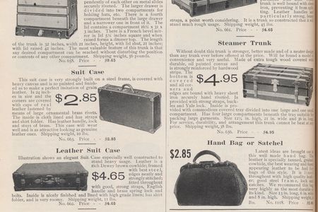 Herr, Thomas & Co., Pittsburg, PA. Catalogue No. 101 (1907), page 74, Dresser Trunk, Suit Case, Leather Suit Case, Cabinet Bag, Trunk, Steamer Trunk, Hand Bag or Satchel.
