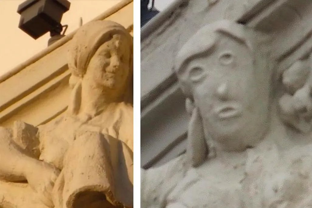 The original sculpture (left) and the "restored" version (right)