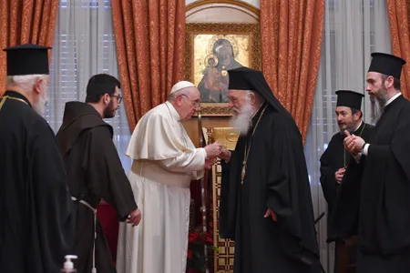 Pope Francis with Archbishop Ieronymos II in 2021