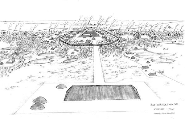 View of Cahokia from Rattlesnake Mound ca 1175 A.D., drawn by Glen Baker