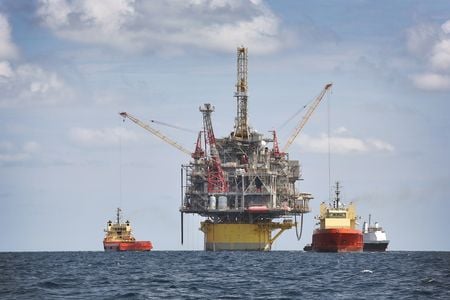 An offshore drilling and production platform in the Gulf of Mexico, which is the largest offshore fossil fuel production basin in the United States.