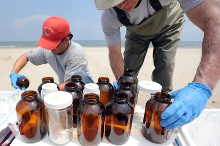 Randy Schademann (R), an on scene coordinator with the US Environmental Protection Agency, and contractor Erik Hadwin collect water samples from the Gulf of Mexico off the beach at Grand Isle, Louisiana, USA, 21 June 2010. 