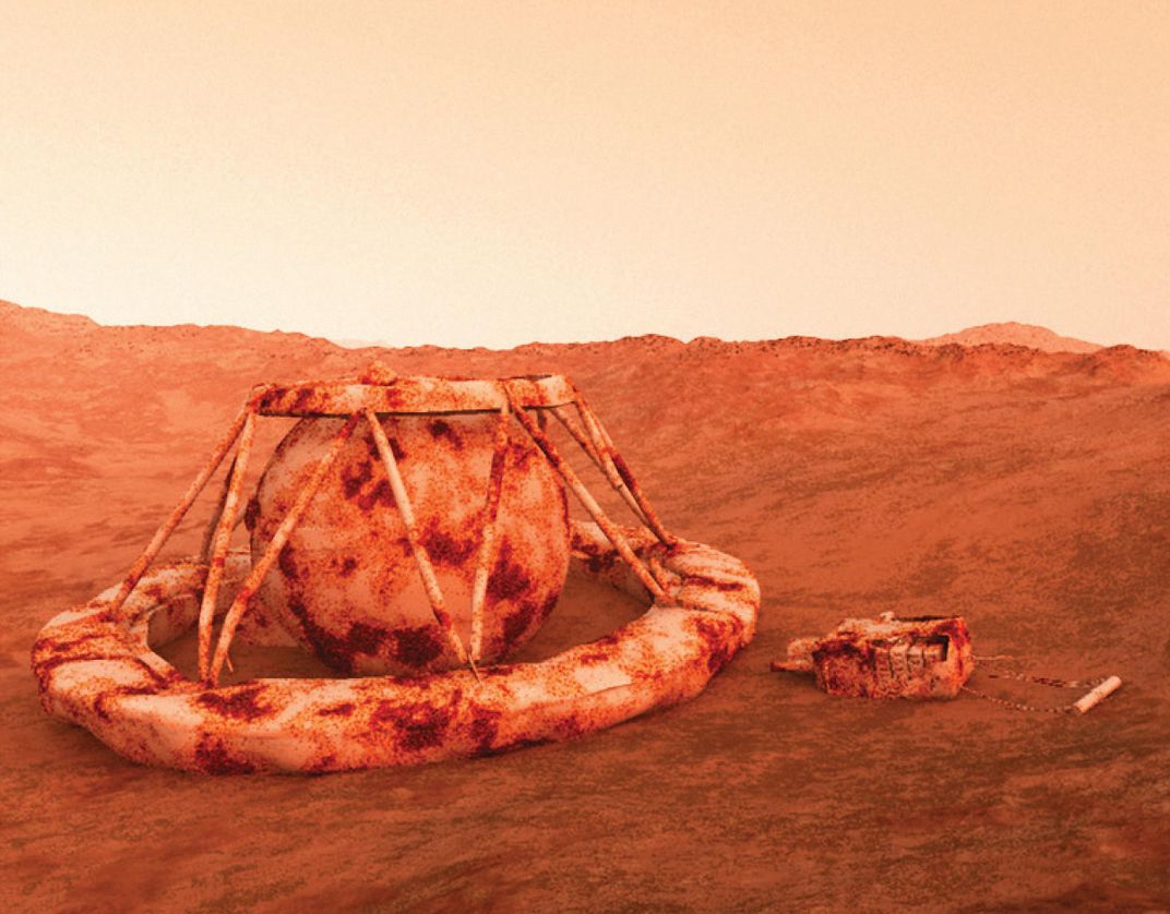 artist rendering of a corroded Venus lander on the planet's orange surface