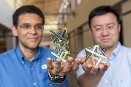 Georgia Tech engineers Glaucio Paulino and Jerry Qi show two of their 3-D printed "tensegrity" structures that fold flat and build themselves up with heat. These are just proofs of concept, but Qi and Paulino predict that structures like this could be used to build space habitats or heart stents.