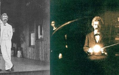 Mark Twain. Left: Photographed by Life Magazine. Left, in Tesla’s Lab, photographed by Wutz