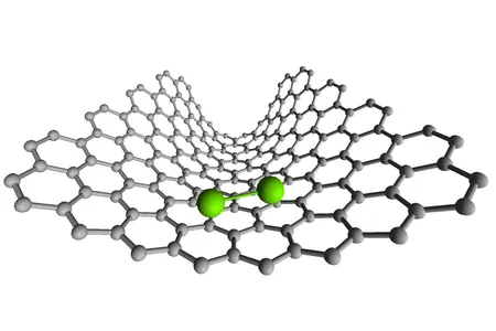 Scientists filmed a pair of rhenium atoms (simulated here in green) as they bonded over a carbon nanotube (grey)
