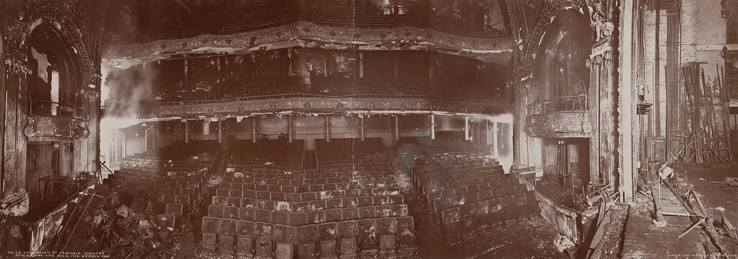 A panorama of the Iroquois Theater in the hours after the fire