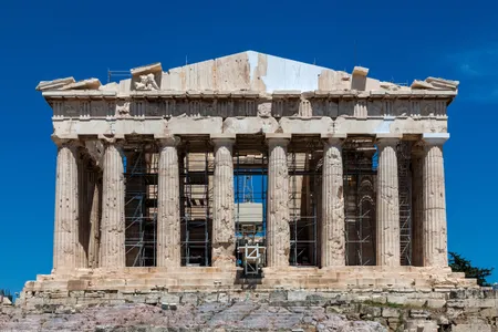 Gaps in the western pediment have been filled in with marble blocks.