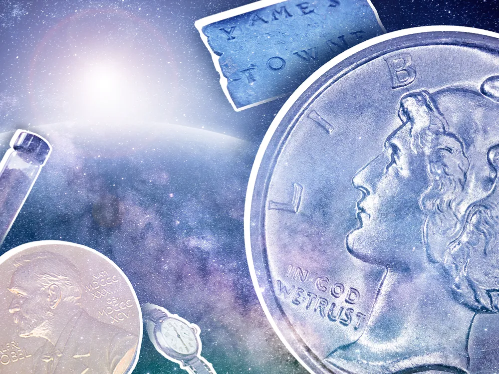 Illustration of mercury dime, Nobel Prize, shipping tag, dinosaur bones, and wristwatch in space