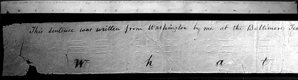 An image of the first telegraph message sent from Baltimore to D.C. in 1844