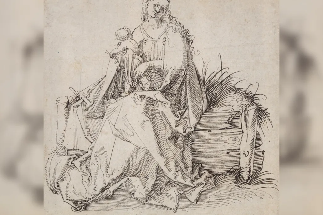 A sketch of the Virgin Mary, smiling and seated on a grassy patch of grass held up by a wooden fence, holding a squirming baby Jesus