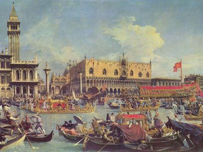 The doge's barge, called the Bucentaur, returning to Venice after the "wedding" ceremony. This painting is by eighteenth-century Venetian artist Giovanni Antonio Canal, known as Canaletto.