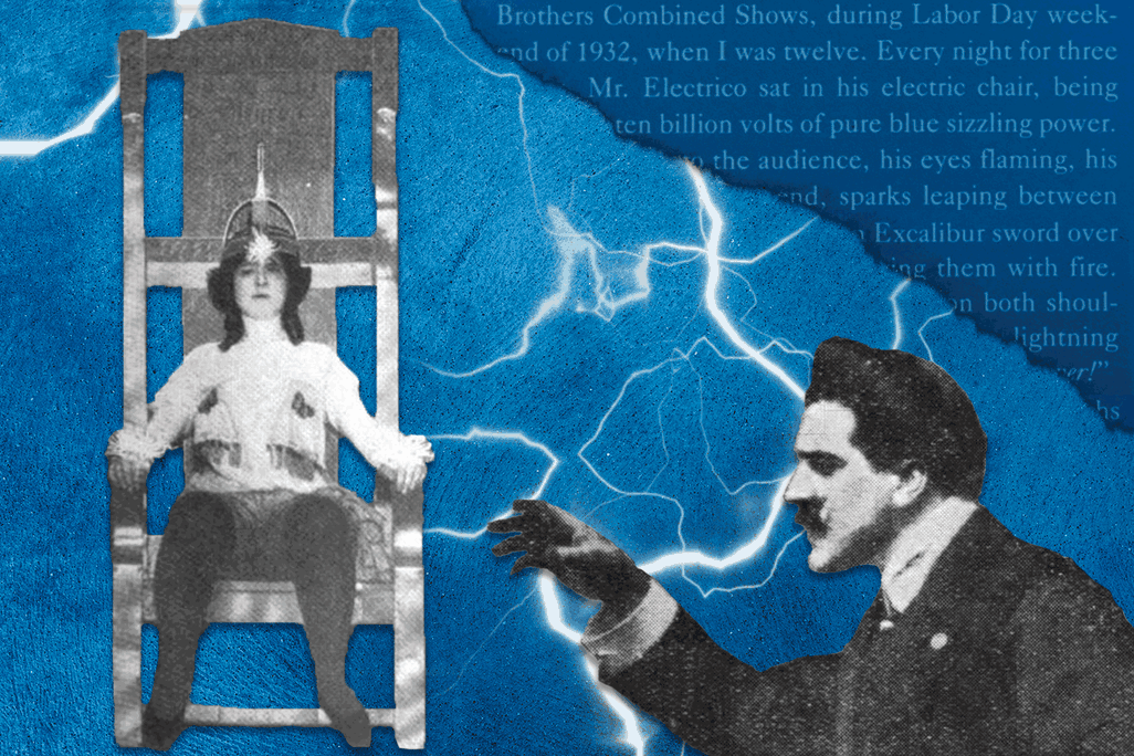 Gif illustration of Scottish magician Walford Bodie pointing at a sideshow performer in an electric chair