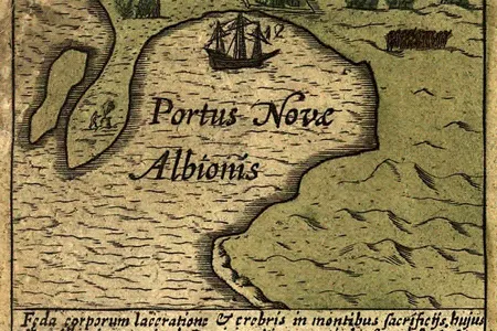 The Hondius map of 1589 inset depicts Drake's encampment at New Albion, Portus Novas Albionis.