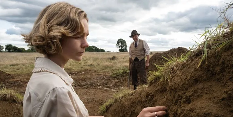 Carey Mulligan and Ralph Fiennes in a still from "The Dig"
