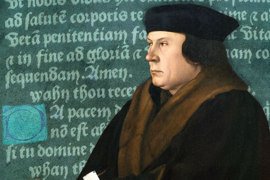 Illustration of Thomas Cromwell in front of a page from his Book of Hours