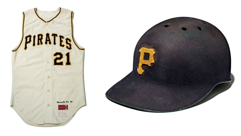 Two images. On the left, a Pittsburgh Pirates baseball jersey with the player number, 21. On the right, a weather Pirates helmet decorated with the team's "P" symbol.