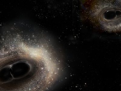 An artist's rendition of merging black holes that produce gravitational waves.