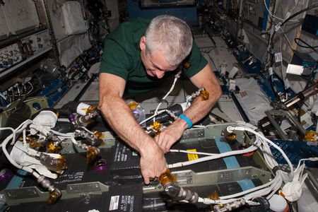 NASA's Steve Swanson works on the Carbon Dioxide Removal Assembly on the International Space Station in April 2014.