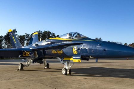 The F/A-18C Hornet, Bureau Number 163439, of the U.S. Navy Blue Angels, makes its last stop as it joins the National Air and Space Museum’s collection.
