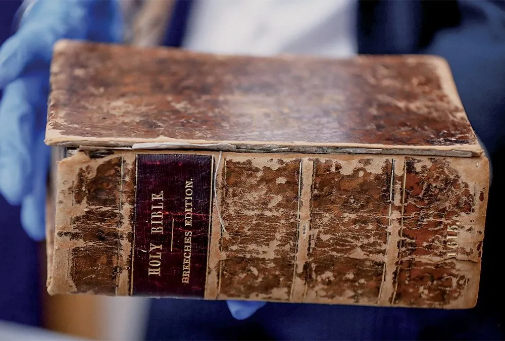A 1615 Bible, stolen by Priore from the Carnegie Library in Pittsburgh in the 1990s and sold to the American Pilgrim Museum in the Netherlands.